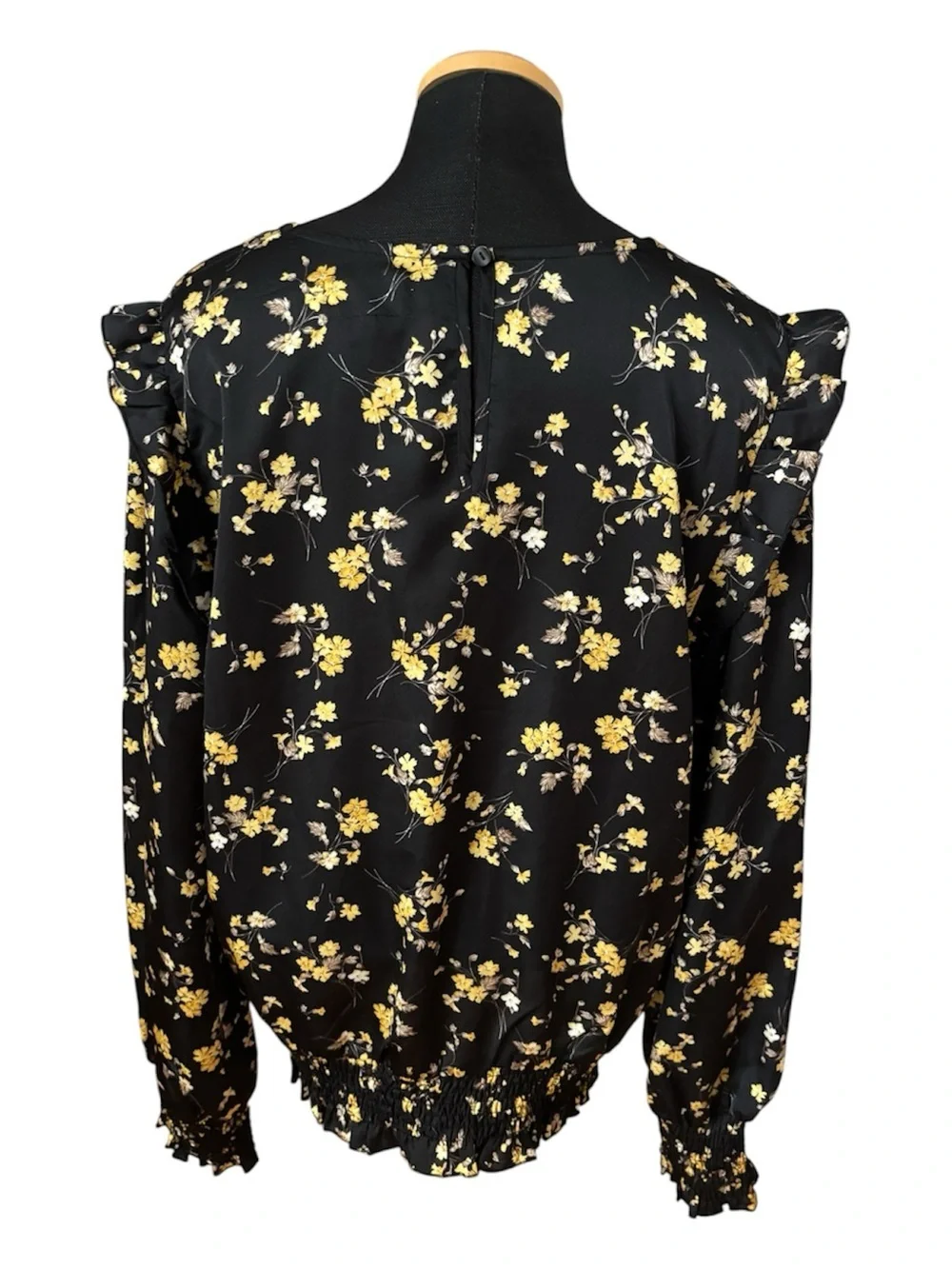 Melloday Black Yellow Floral Ruffle Blouse XL Smocked Waist Long Sleeve Top
